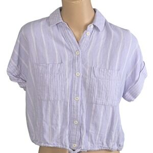 Madewell Shirt Womens XXS Linen‎ Blend Button Up Drawstring Striped Cropped Fit
